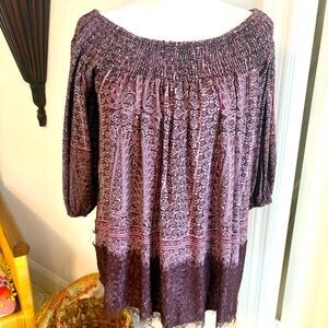 Anthropologie Vanessa Virginia Low Shoulder Burgundy Wine Print Bohemian Top! Md